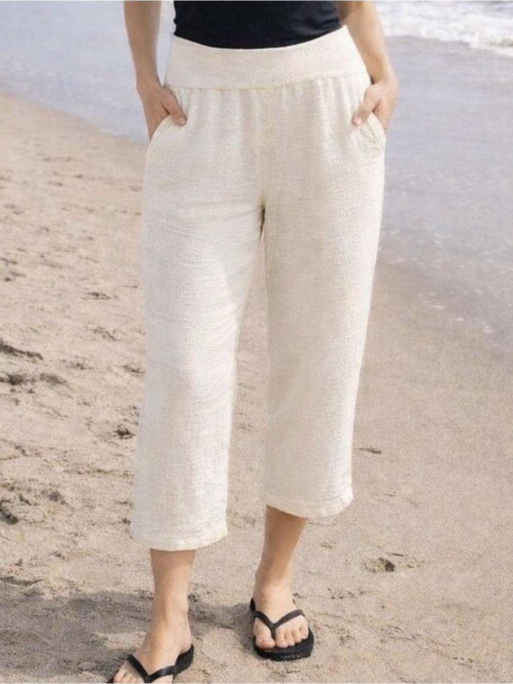 Soft Surroundings Beach Bound Cream Pull-On Gauze Crop Pants ECRU 100% Cotton L